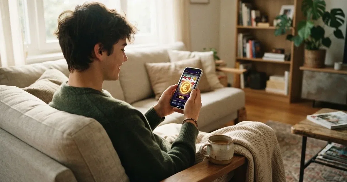 Persona joven sonriente usa un teléfono móvil sentada en un sofá de salón moderno, con una taza de café cerca, luz natural de tarde.