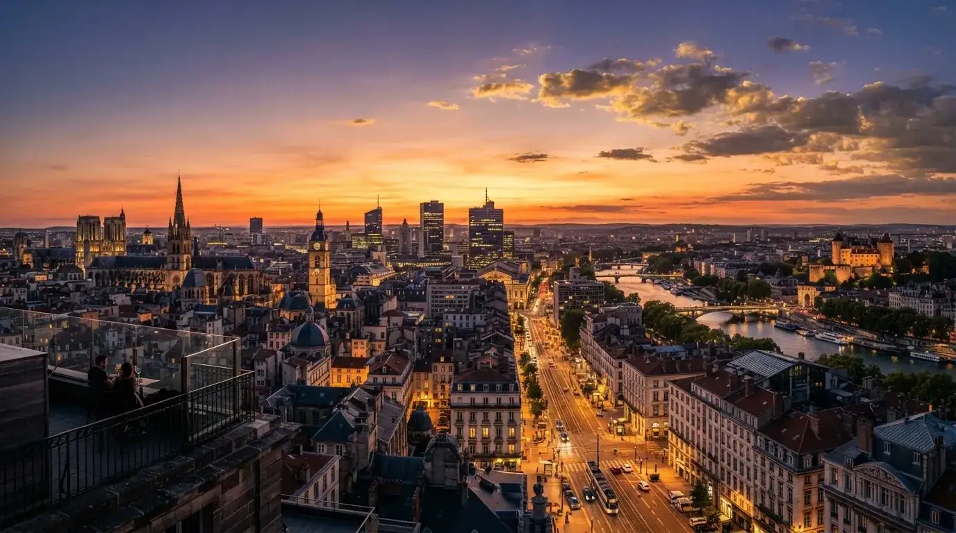 Vista panorámica de un horizonte urbano al atardecer con edificios iluminados y un cielo anaranjado sobre la ciudad.