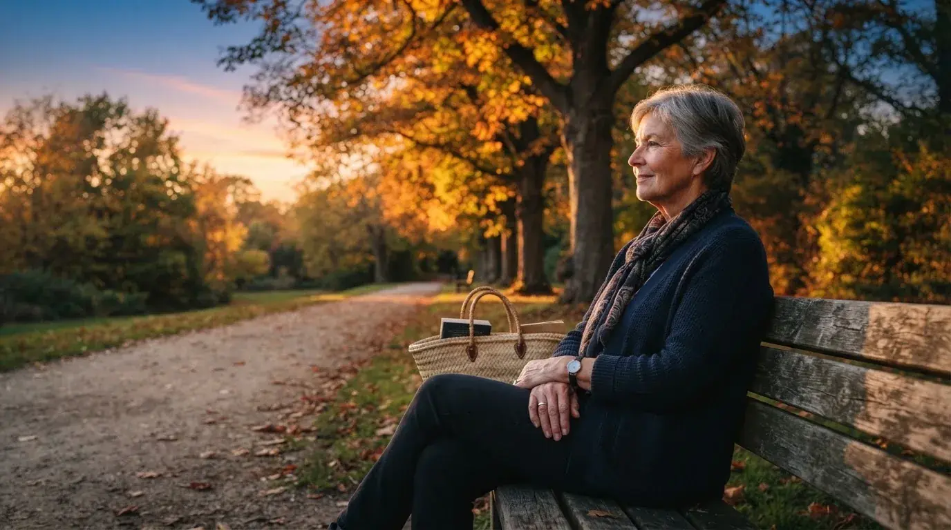 Mujer mayor se sienta en un banco de un parque tranquilo mirando pensativa hacia los árboles, con luz suave de atardecer.