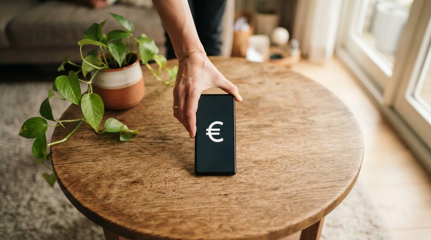 Mano sostiene un teléfono móvil mostrando una pantalla de inicio genérica sobre una mesa de café con una planta al fondo.