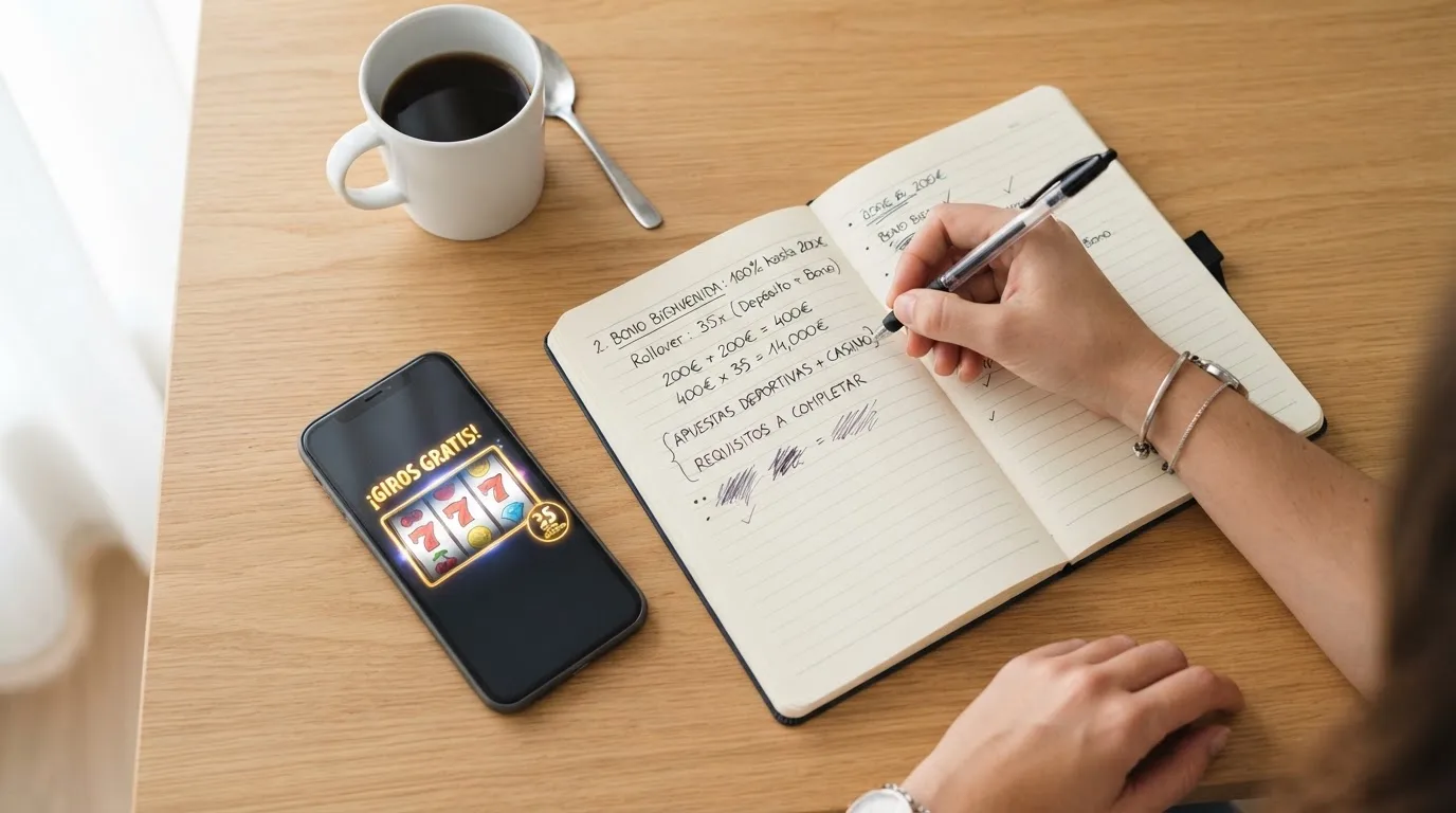 Manos escriben en un cuaderno junto a un teléfono móvil sobre una mesa de madera clara con luz suave de mañana.