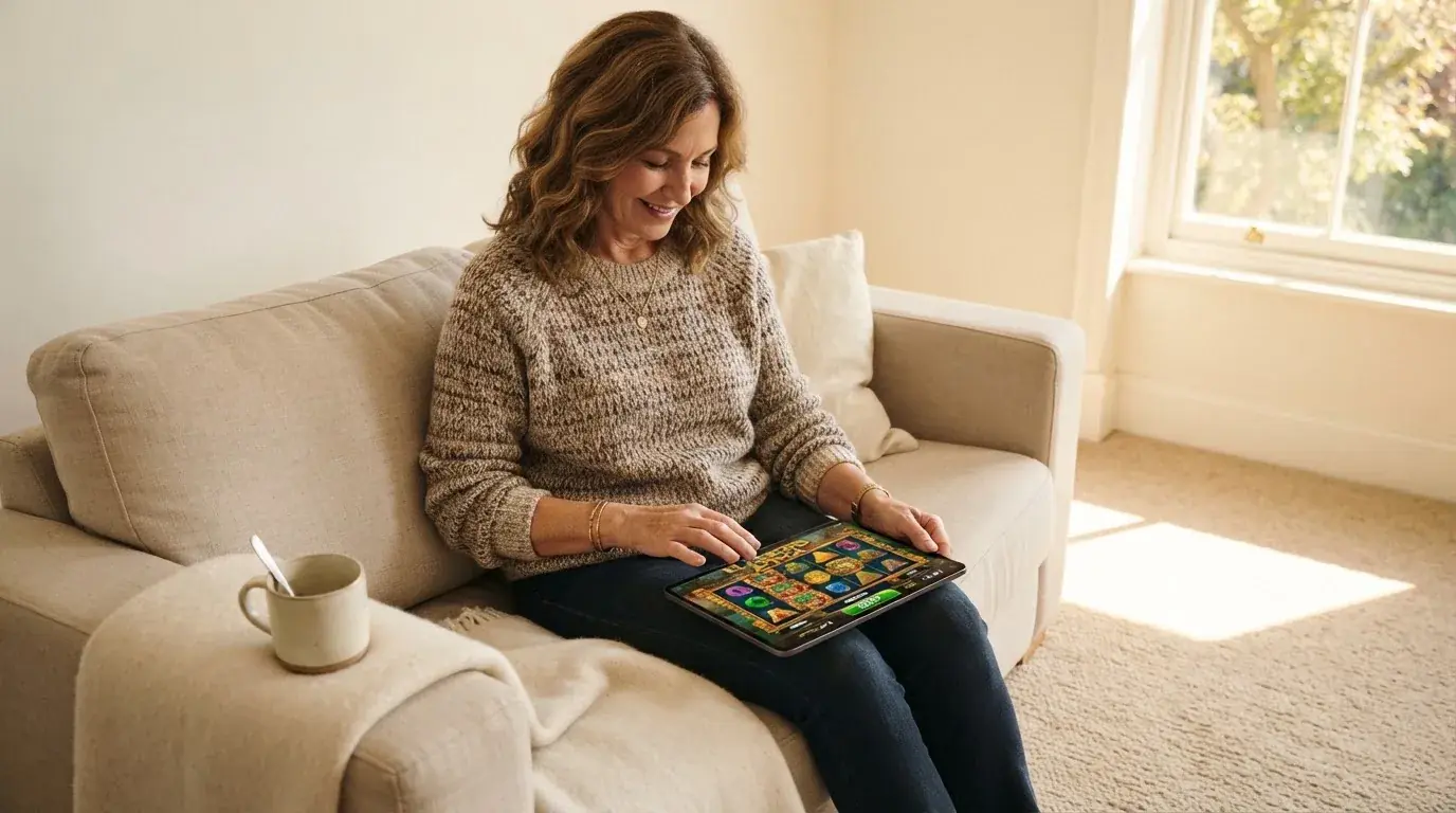 Persona sentada en un sofá usa una tableta con ambas manos en una sala de estar con luz natural de ventana.