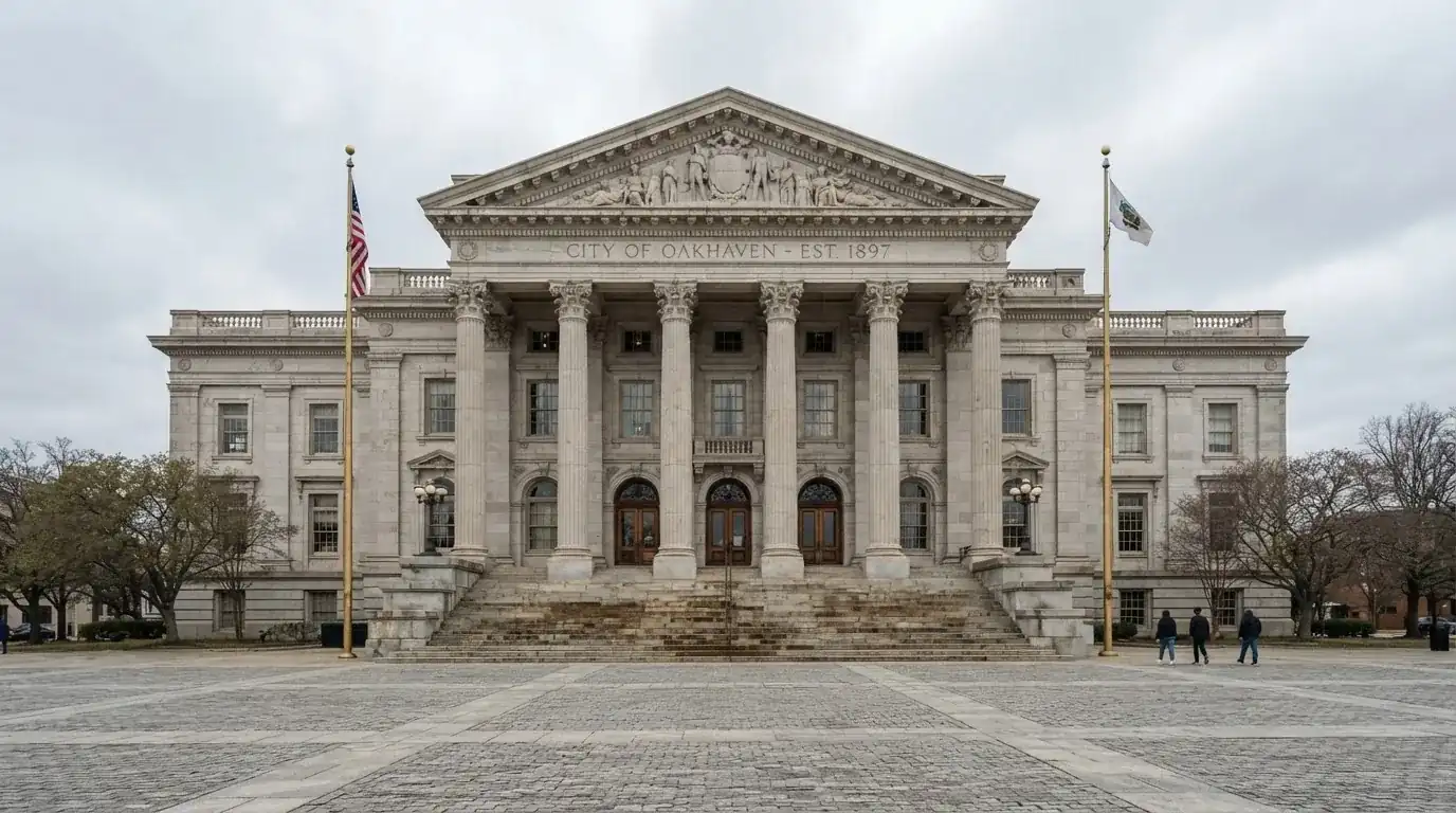 Fachada de un edificio institucional con grandes columnas y una plaza empedrada al frente, bajo un cielo nublado.
