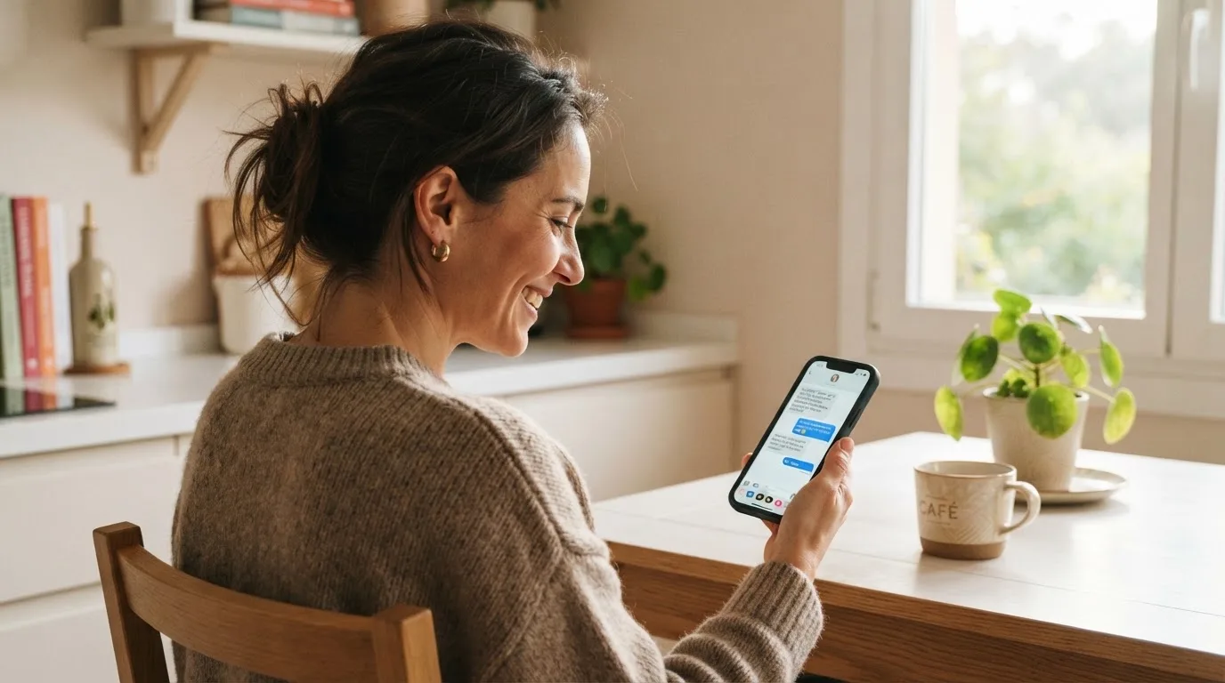 Mujer adulta sonríe mientras sostiene un teléfono móvil sentada en la cocina de su casa por la mañana.