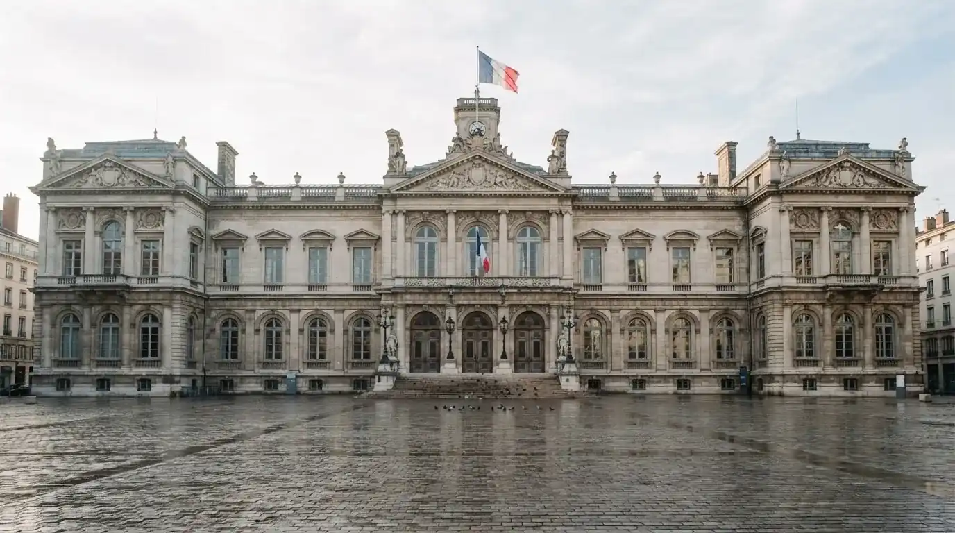 Fachada clásica de un edificio administrativo con una bandera ondeando y una plaza vacía al frente.