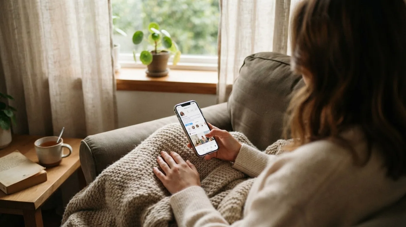 Persona sentada en un sillón cómodo consultando un teléfono móvil con una manta sobre las piernas en una sala tranquila.