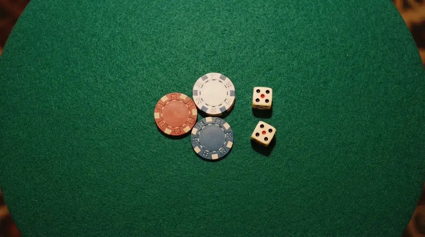 Vista cenital de fichas de casino y dados sobre una mesa de fieltro verde bajo luz suave.