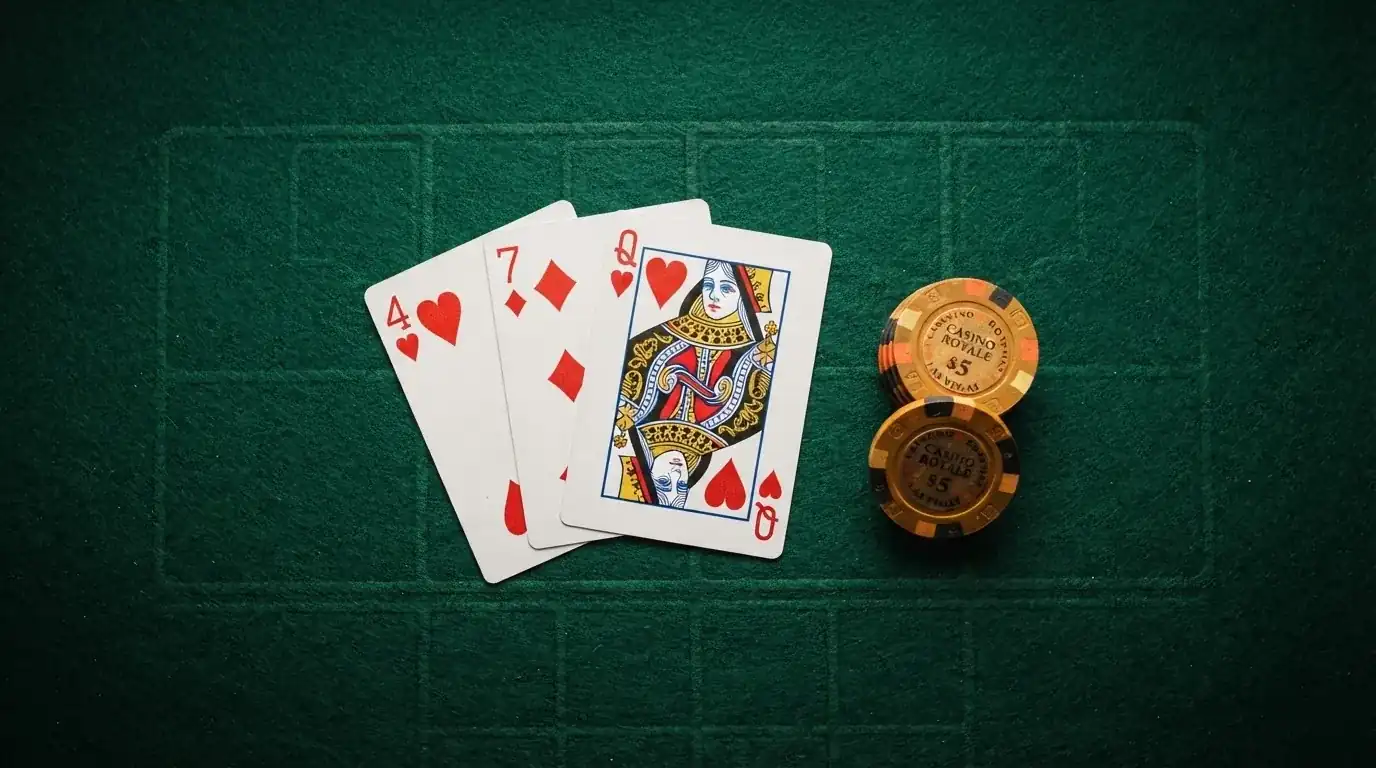 Vista cenital de fichas doradas y una baraja de cartas sobre una mesa de fieltro verde.