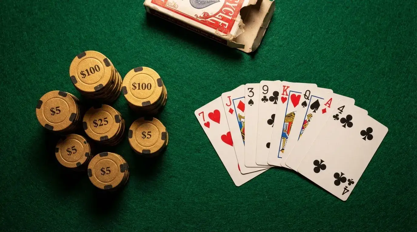 Vista cenital de fichas doradas y una baraja de cartas sobre una mesa de fieltro verde.