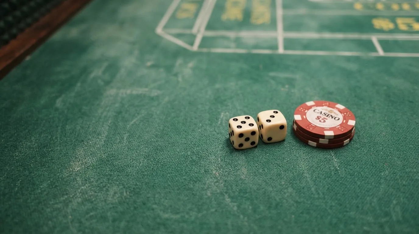 Vista cenital de fichas de casino y dados sobre una mesa de fieltro verde bajo luz suave.