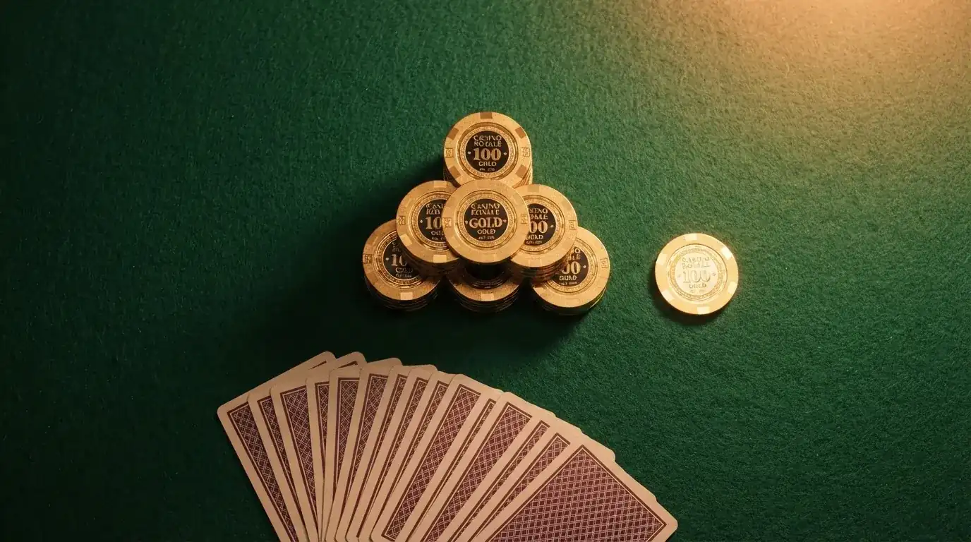 Vista cenital de fichas doradas y una baraja de cartas sobre una mesa de fieltro verde.