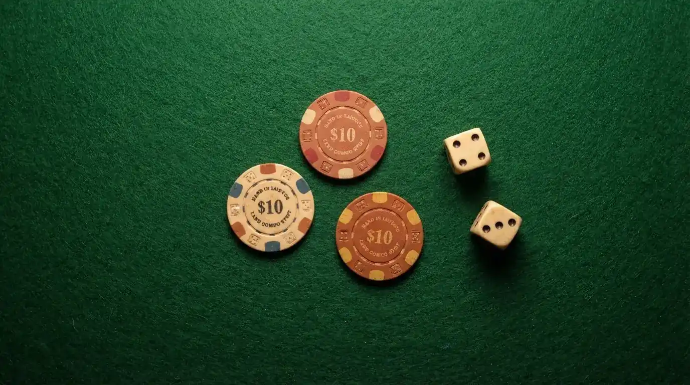 Vista cenital de fichas de casino y dados sobre una mesa de fieltro verde bajo luz suave.