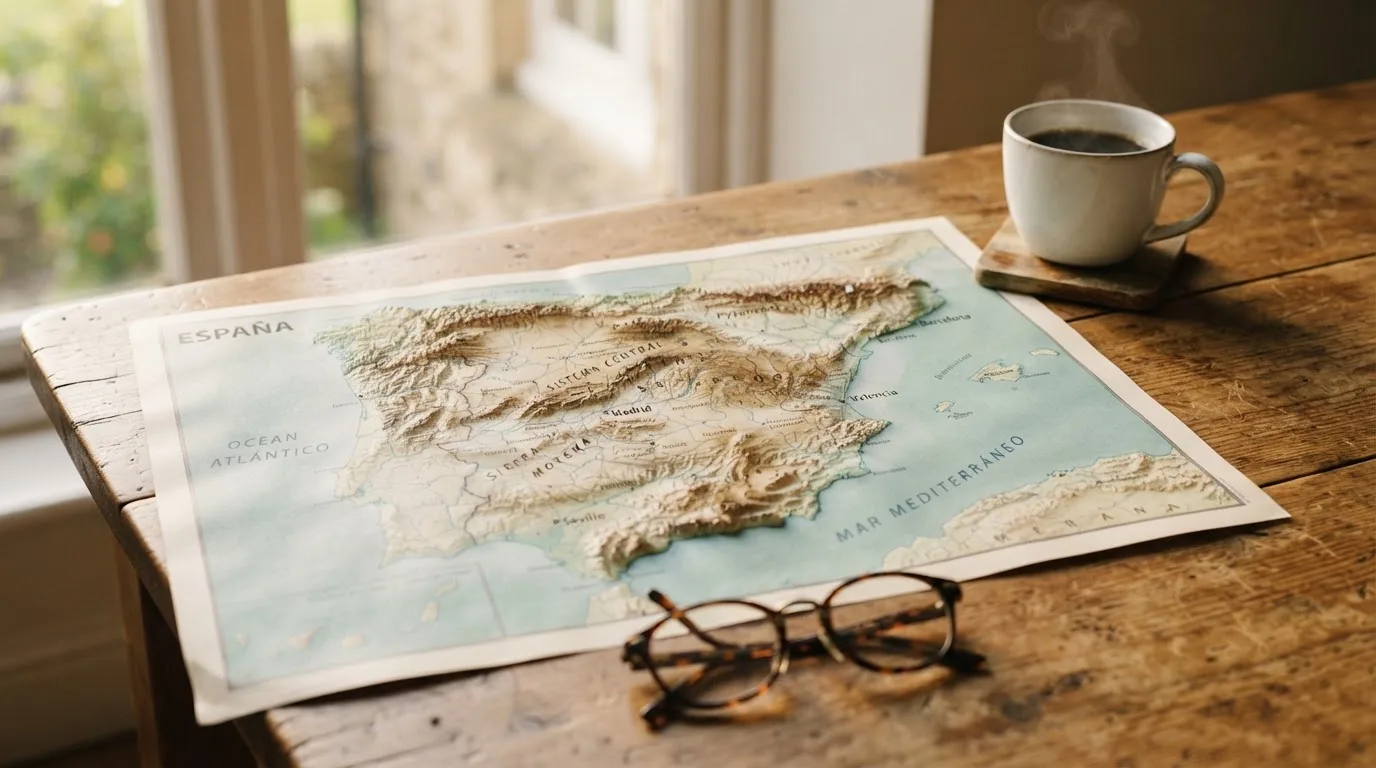 Un mapa físico de España sobre una mesa de madera junto a una taza de café y unas gafas, con luz natural entrando por una ventana.