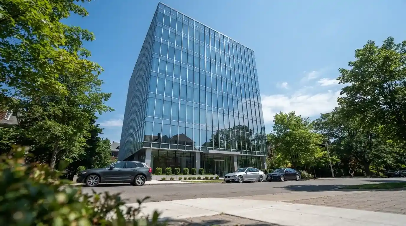 Un edificio de oficinas moderno con cristales reflectantes bajo un cielo despejado, visto desde una calle tranquila.