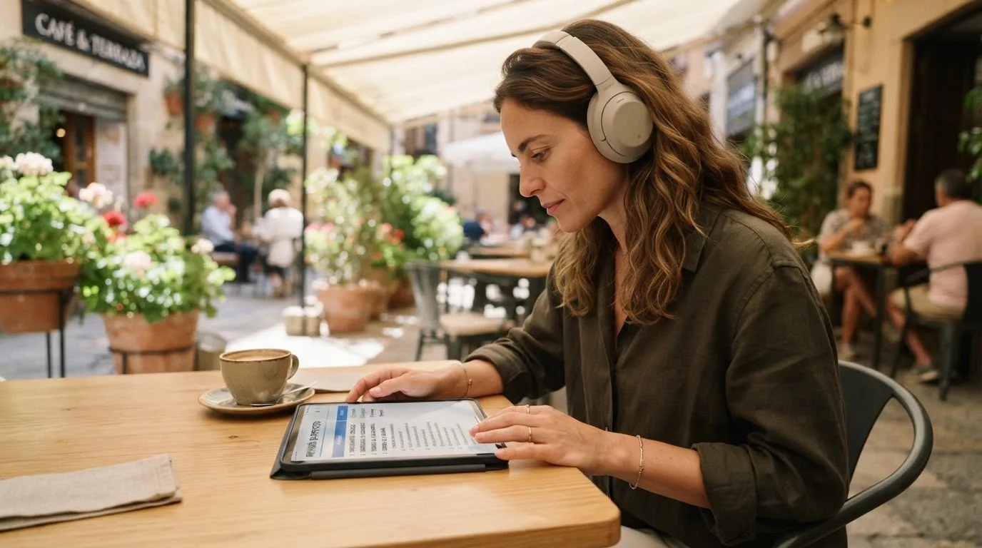 Una persona con auriculares revisa una lista en una tableta apoyada sobre una mesa de café en una terraza soleada.