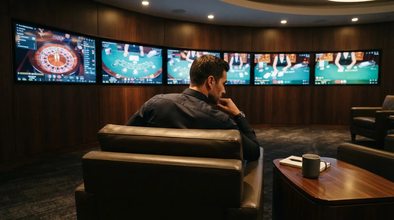 Fotografía de un salón de casino moderno con pantallas de transmisión en directo y sillones cómodos, ambiente cálido y profesional.
