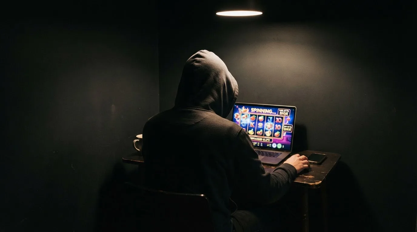 Fotografía de una persona con capucha usando un portátil en una habitación oscura, transmitiendo la idea de anonimato en línea.