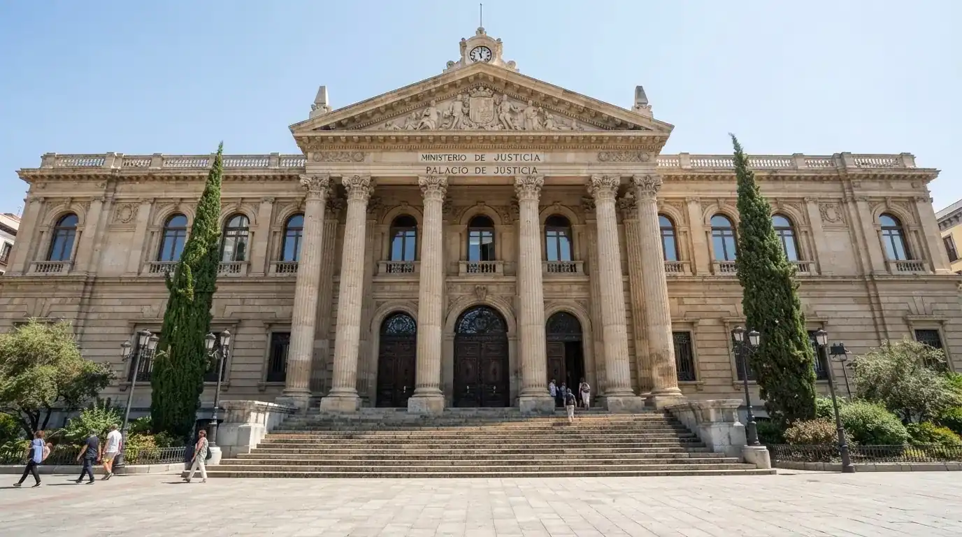Fotografía de la fachada de un edificio institucional español con columnas clásicas bajo un cielo despejado.