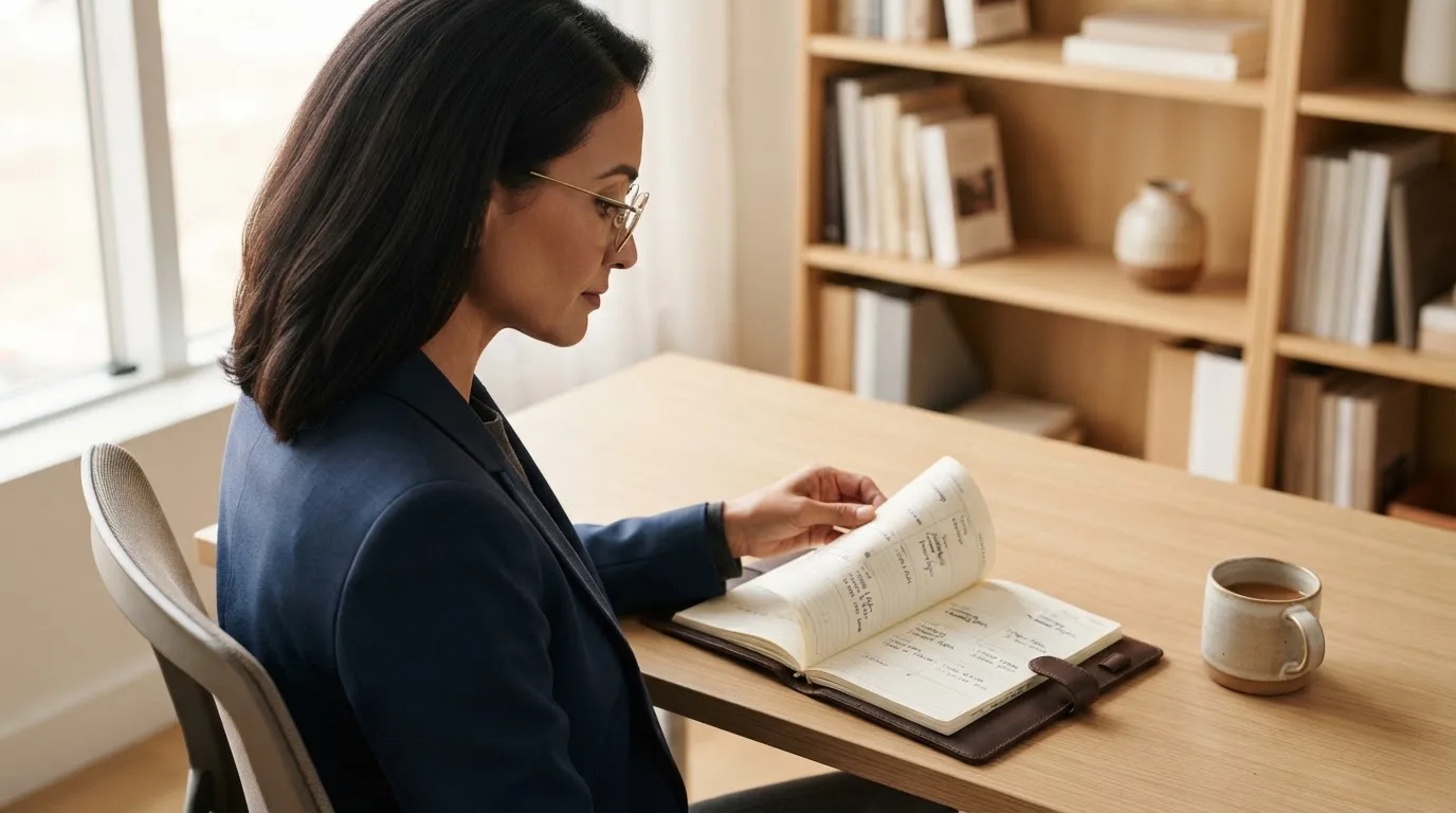 Una mujer con gafas revisa su agenda en un escritorio de oficina moderna con estanterías al fondo.