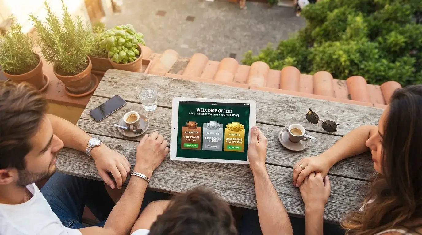 Un grupo de amigos revisa algo en una tableta sobre una mesa de madera en una terraza al aire libre.