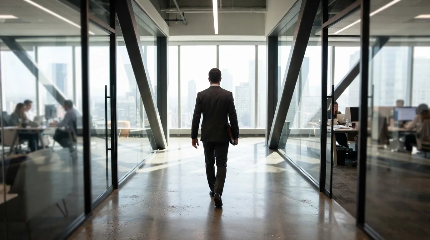 Un hombre con traje camina por el pasillo de un edificio de oficinas moderno con grandes ventanales.