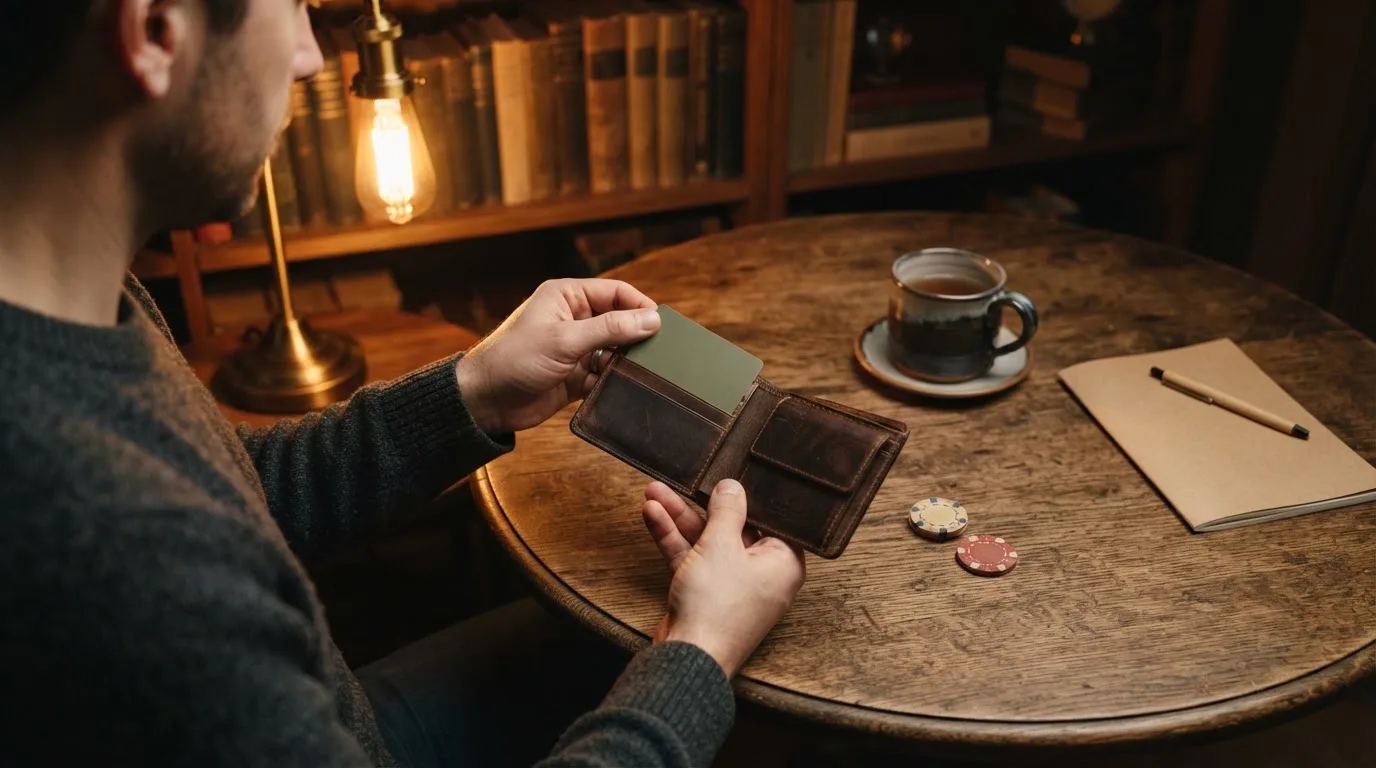 Un hombre revisa su cartera con tarjetas y monedas sobre una mesa de madera en casa.