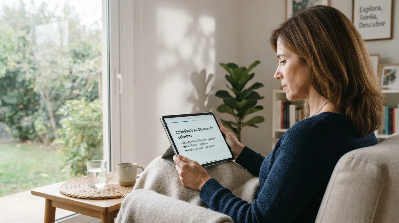 Una mujer consulta información oficial en la pantalla de su tableta, sentada junto a una ventana con luz natural.