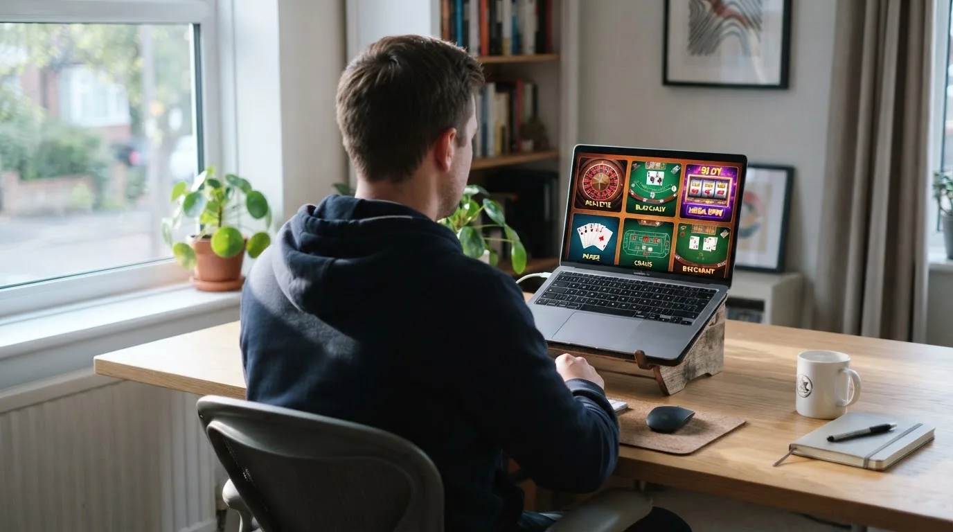 Un hombre explora distintos juegos gratuitos de casino en la pantalla de su ordenador portátil, sentado en su escritorio.
