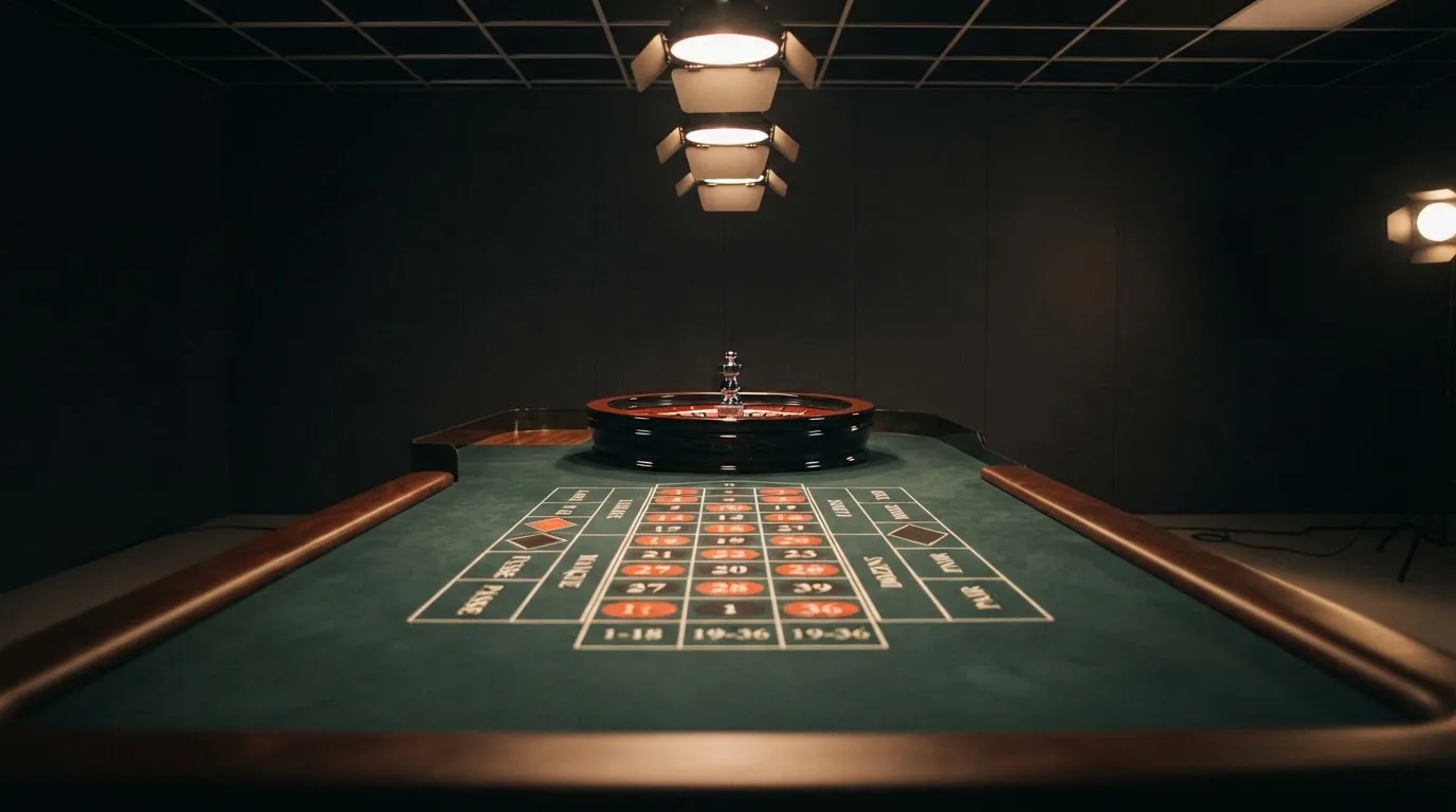 Una mesa de ruleta en vivo vacía momentos antes de empezar la retransmisión, con luces de estudio profesional encendidas.