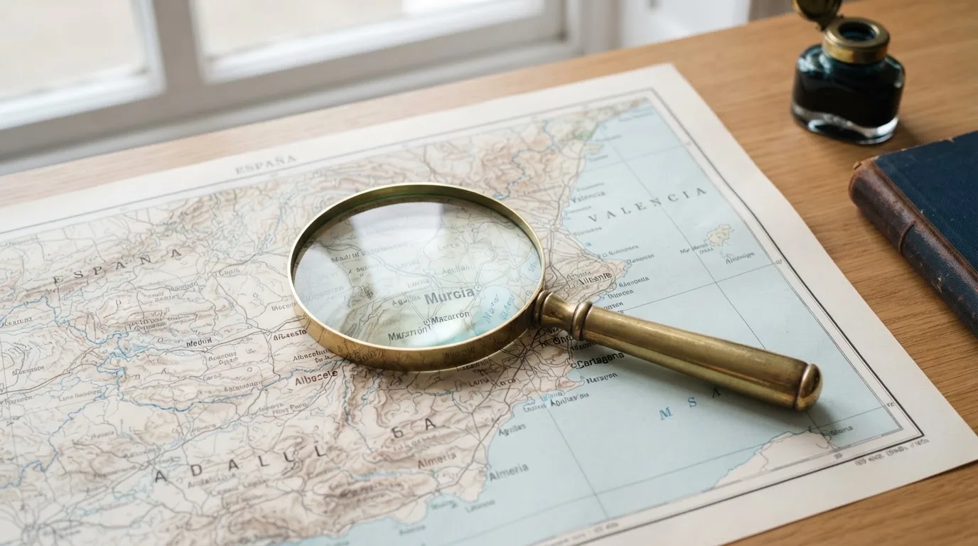 Una lupa sobre un mapa de España iluminado en un escritorio de oficina, con una ventana al fondo desenfocada.