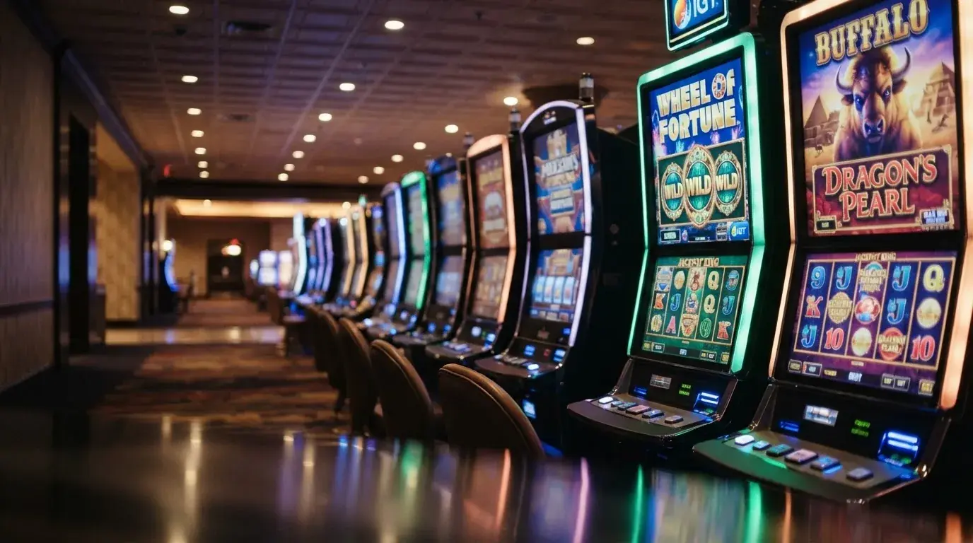 Una hilera de máquinas tragaperras modernas con luces de colores encendidas, fotografiada en un pasillo de casino vacío.