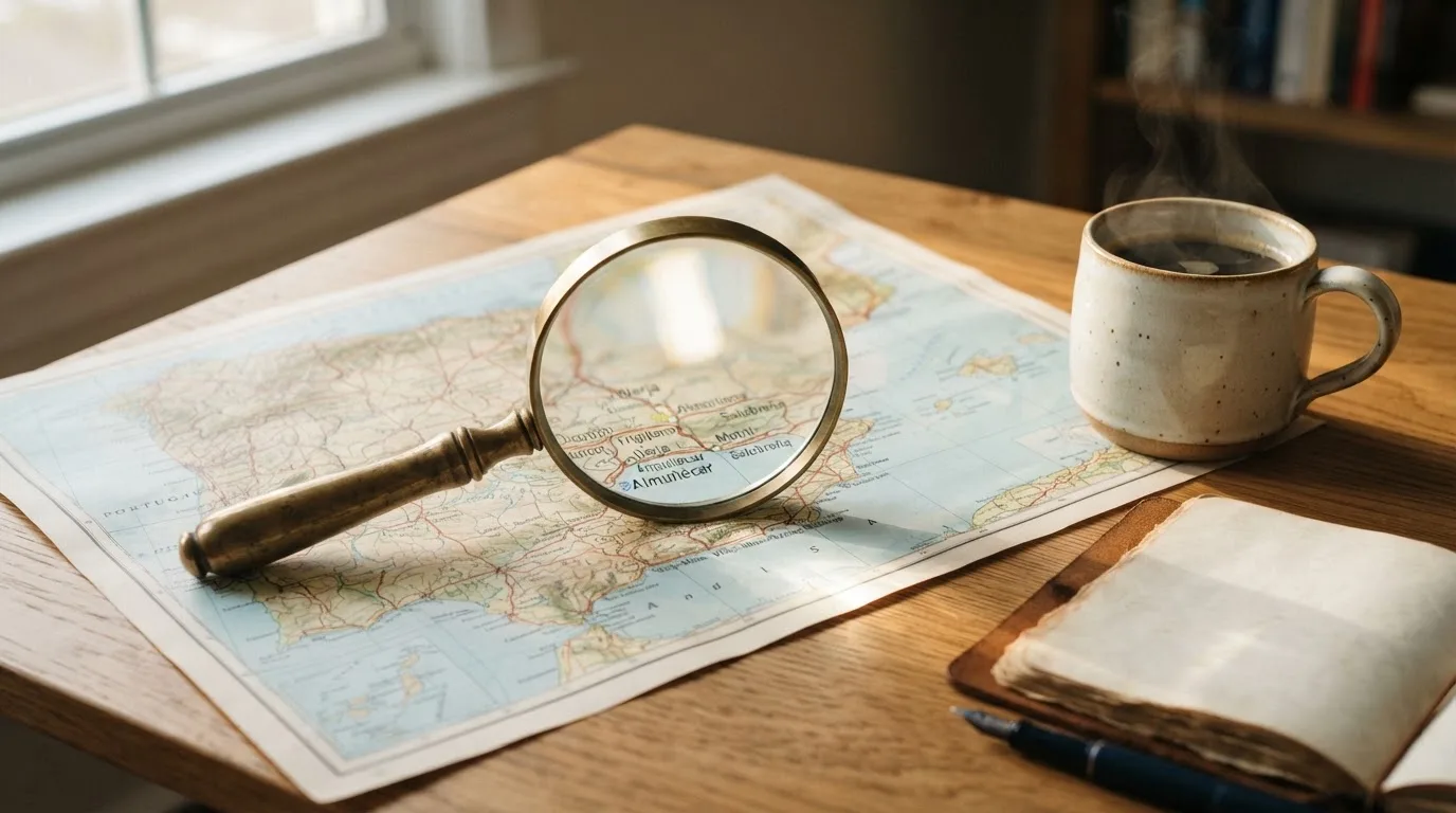 Una lupa sobre un mapa de España colocado en un escritorio de madera junto a una taza de café humeante.